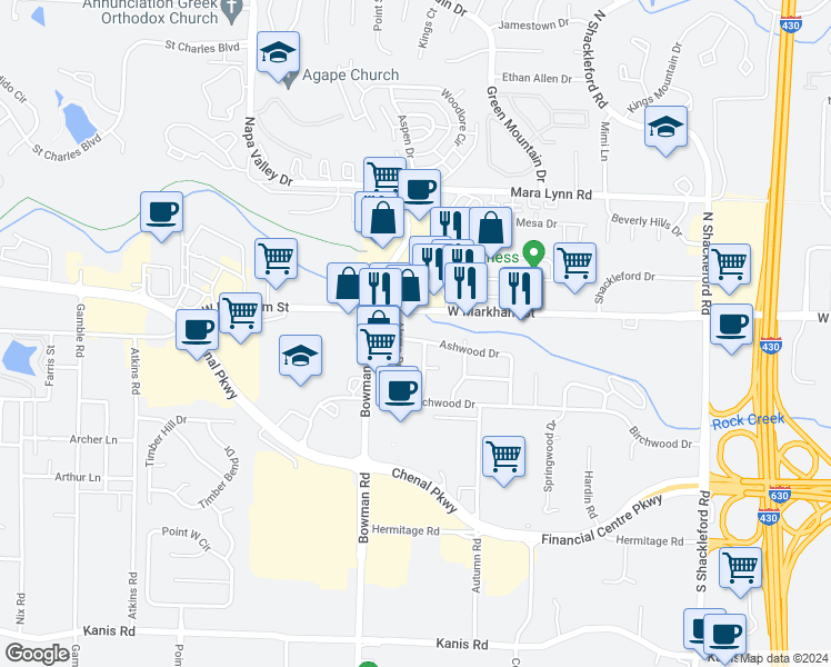 map of restaurants, bars, coffee shops, grocery stores, and more near 11814 Ashwood Drive in Little Rock