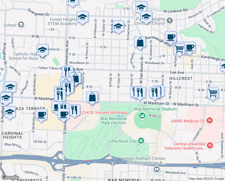 map of restaurants, bars, coffee shops, grocery stores, and more near 5411 B Street in Little Rock