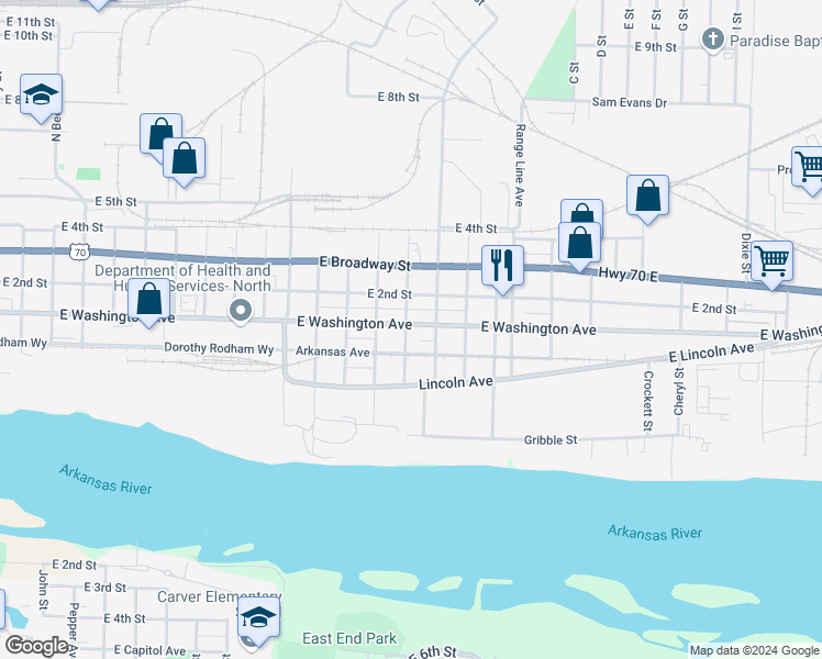 map of restaurants, bars, coffee shops, grocery stores, and more near 2502 East Washington Avenue in North Little Rock
