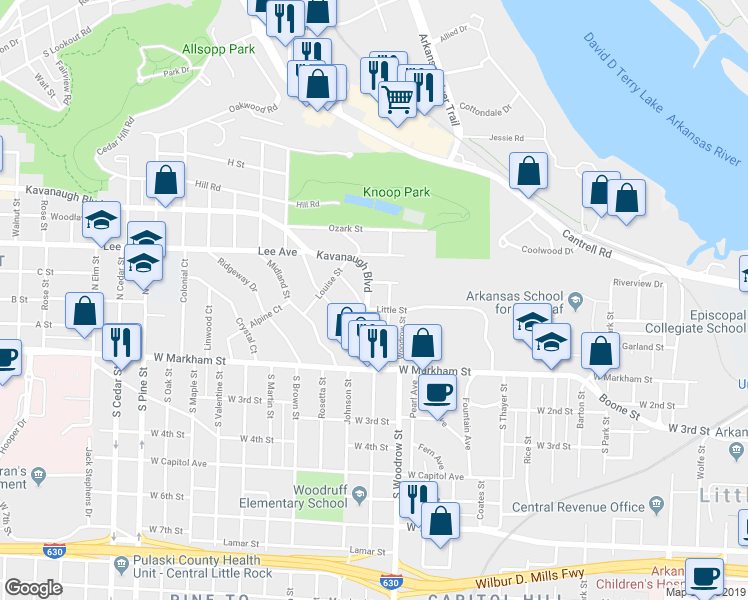 map of restaurants, bars, coffee shops, grocery stores, and more near 1202 Kavanaugh Boulevard in Little Rock