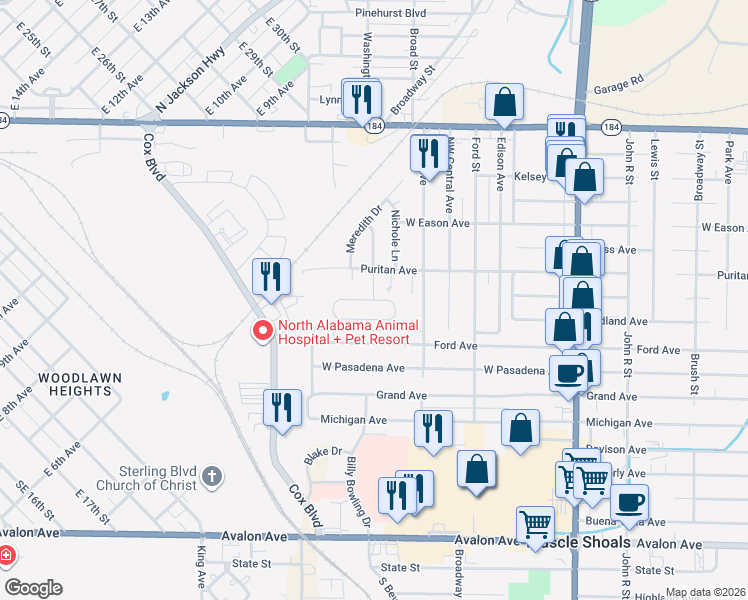 map of restaurants, bars, coffee shops, grocery stores, and more near 100 Fox Loop in Muscle Shoals