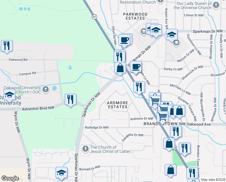 map of restaurants, bars, coffee shops, grocery stores, and more near 4600 Whitehall Drive Northwest in Huntsville