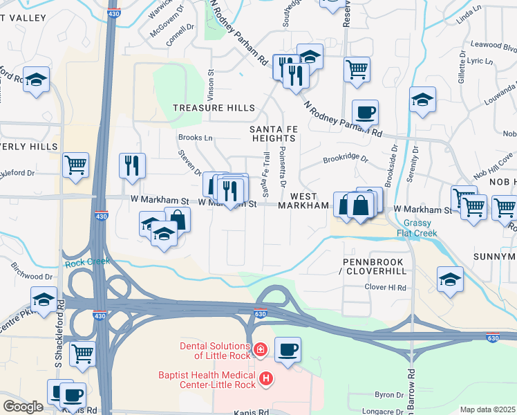 map of restaurants, bars, coffee shops, grocery stores, and more near 2 Santa Fe Trail in Little Rock