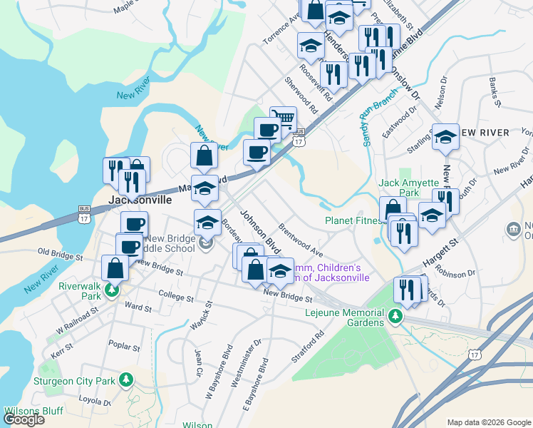 map of restaurants, bars, coffee shops, grocery stores, and more near 409 Brentwood Avenue in Jacksonville