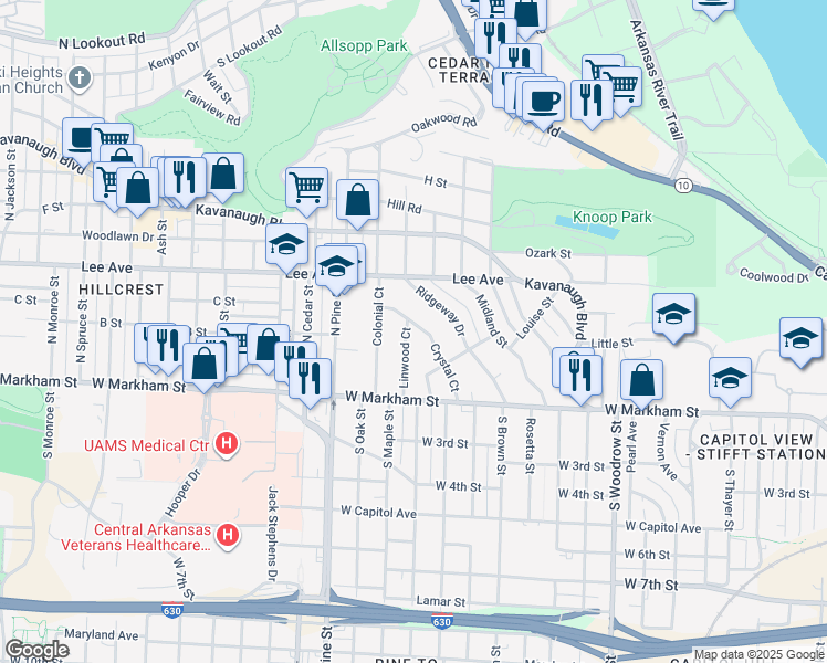 map of restaurants, bars, coffee shops, grocery stores, and more near 256 Crystal Court in Little Rock