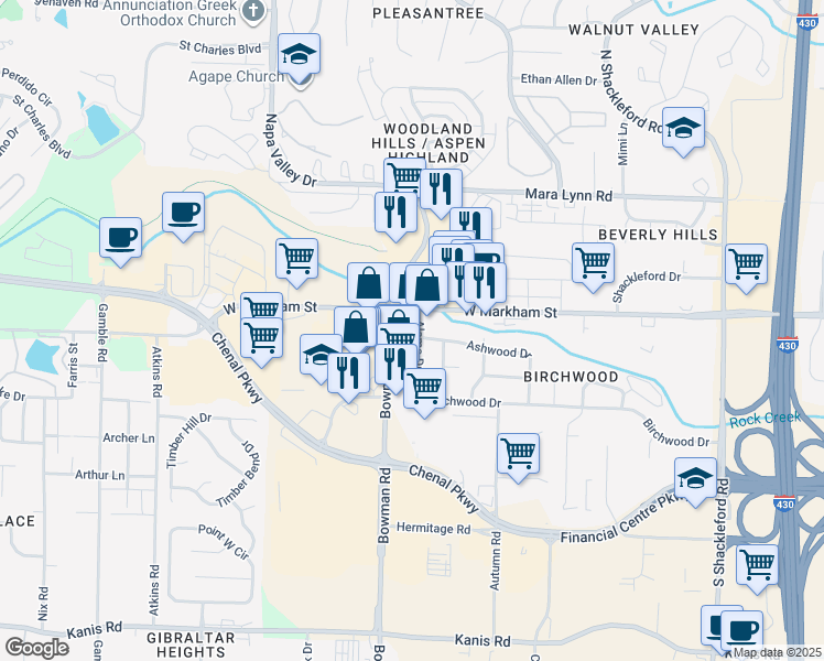 map of restaurants, bars, coffee shops, grocery stores, and more near 122 Alamo Drive in Little Rock