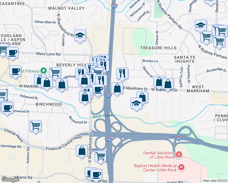 map of restaurants, bars, coffee shops, grocery stores, and more near 10515 West Markham Street in Little Rock