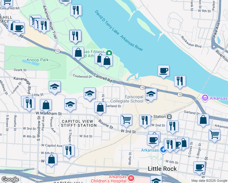 map of restaurants, bars, coffee shops, grocery stores, and more near 325 North Schiller Street in Little Rock
