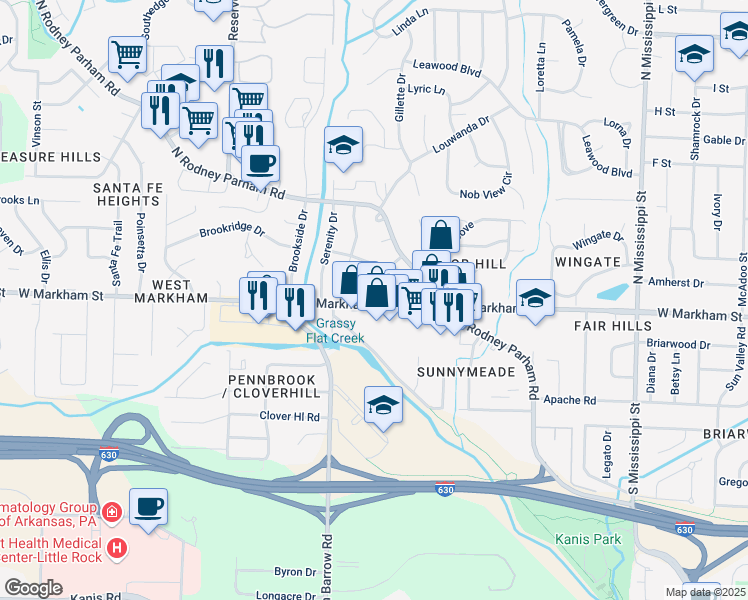 map of restaurants, bars, coffee shops, grocery stores, and more near 1 Fairbrook Drive in Little Rock