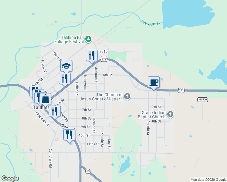map of restaurants, bars, coffee shops, grocery stores, and more near 6th Street in Talihina