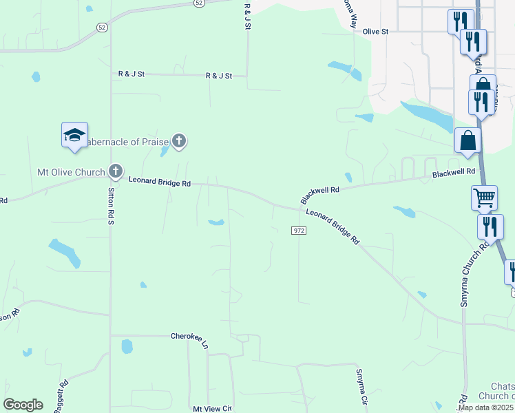 map of restaurants, bars, coffee shops, grocery stores, and more near 1110 Leonard Bridge Road in Chatsworth
