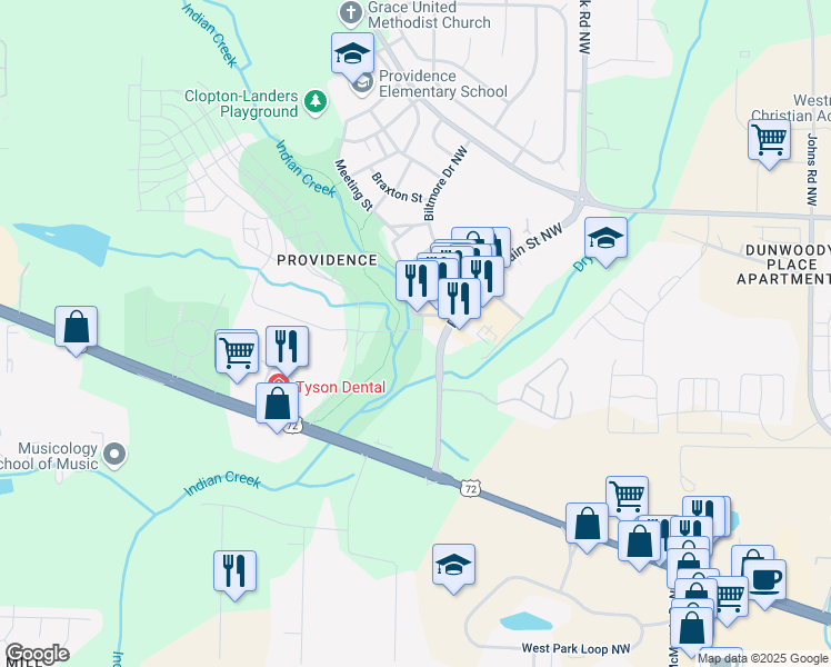 map of restaurants, bars, coffee shops, grocery stores, and more near 2 Off Broadway Street Northwest in Huntsville