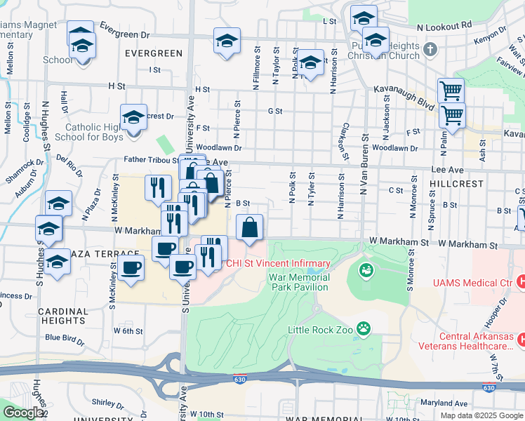 map of restaurants, bars, coffee shops, grocery stores, and more near 217 North Fillmore Street in Little Rock