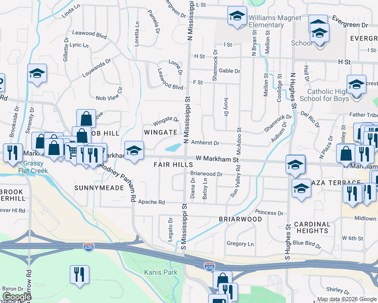 map of restaurants, bars, coffee shops, grocery stores, and more near 7502 West Markham Street in Little Rock