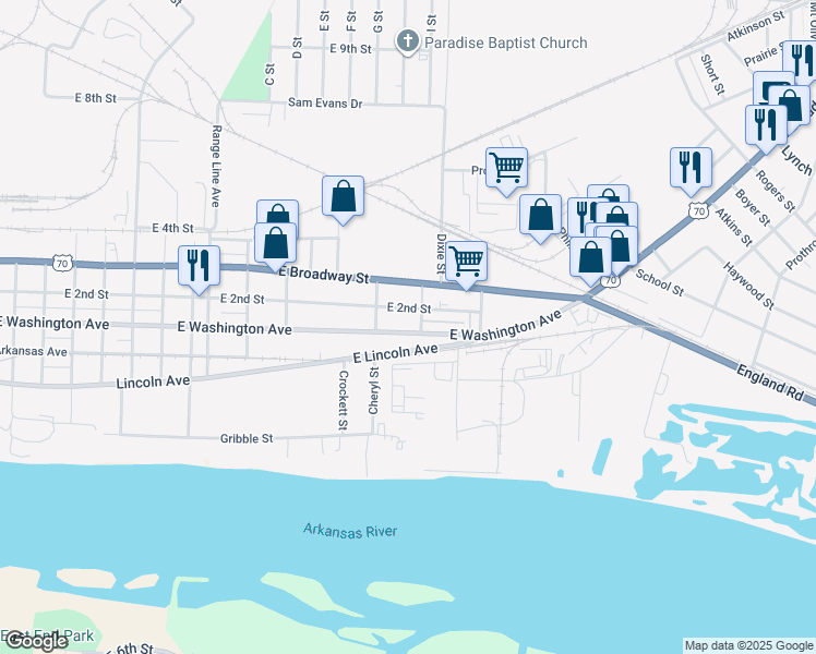 map of restaurants, bars, coffee shops, grocery stores, and more near 100 Keller Street in North Little Rock
