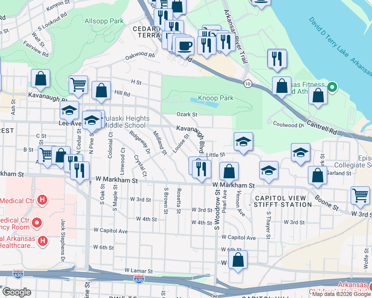 map of restaurants, bars, coffee shops, grocery stores, and more near 325 Fairfax Dr in Little Rock