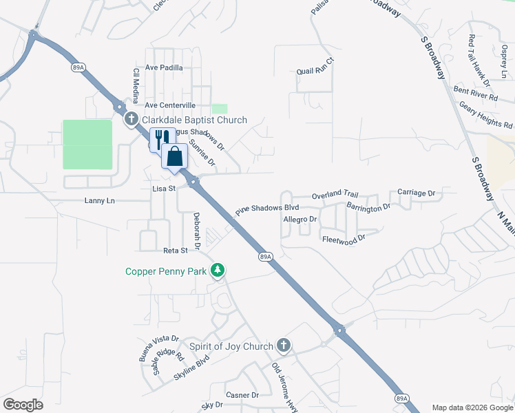 map of restaurants, bars, coffee shops, grocery stores, and more near 2050 West State Route 89a in Cottonwood