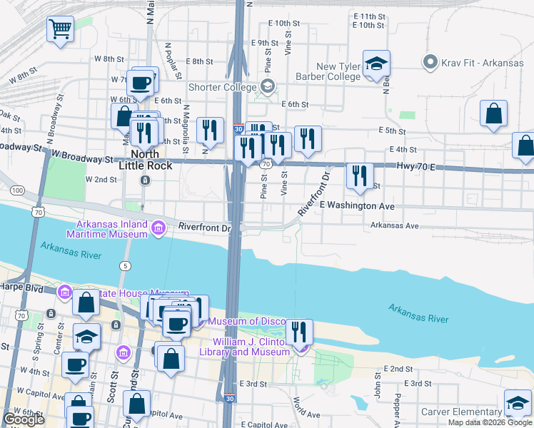 map of restaurants, bars, coffee shops, grocery stores, and more near 700 East Washington Avenue in North Little Rock