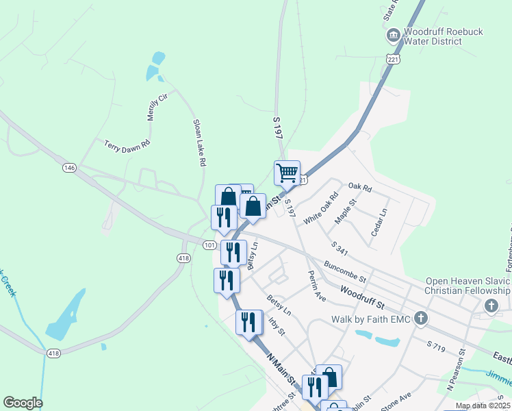 map of restaurants, bars, coffee shops, grocery stores, and more near 926 North Main Street in Woodruff