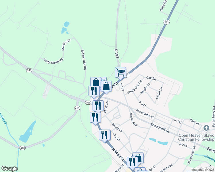 map of restaurants, bars, coffee shops, grocery stores, and more near 926 North Main Street in Woodruff
