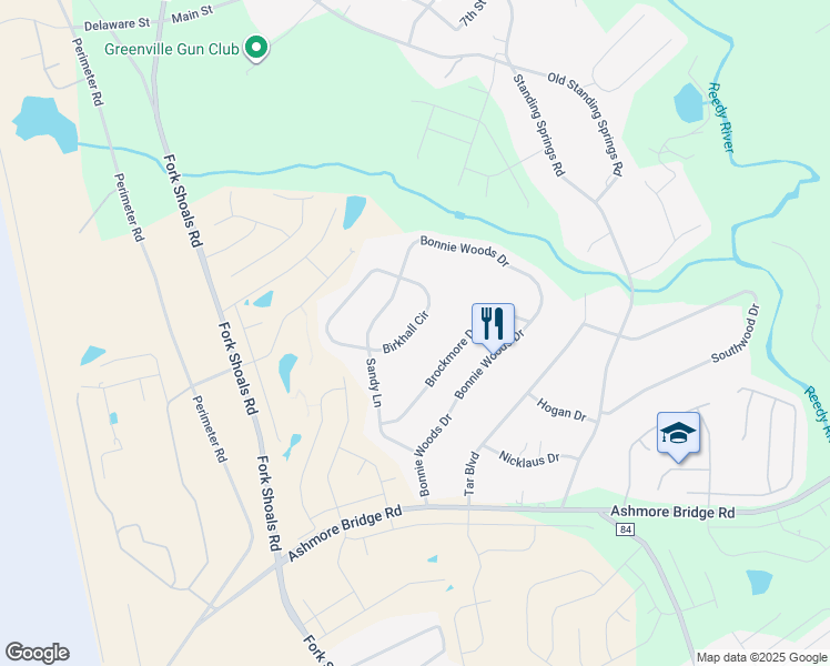 map of restaurants, bars, coffee shops, grocery stores, and more near 16 Birkhall Circle in Greenville