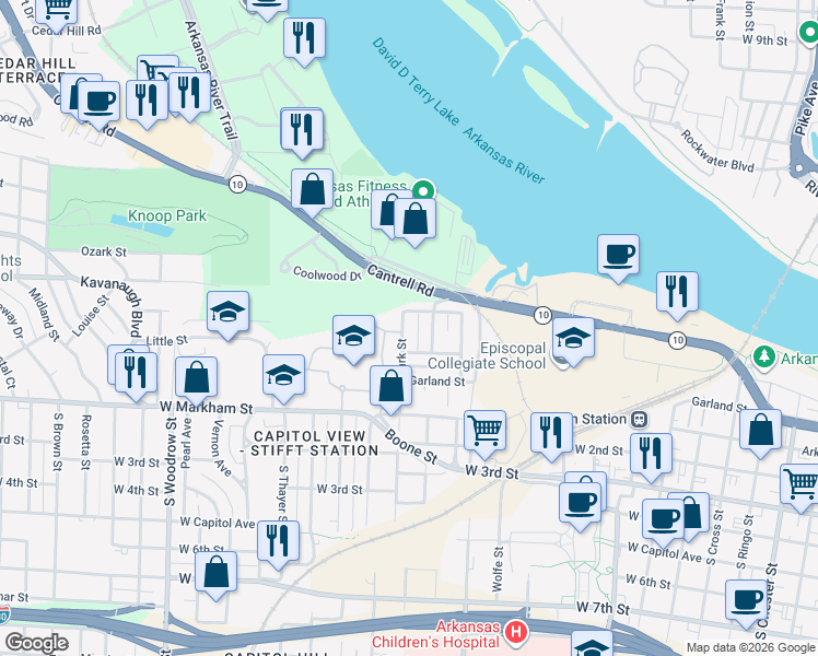 map of restaurants, bars, coffee shops, grocery stores, and more near 321 North Park Street in Little Rock