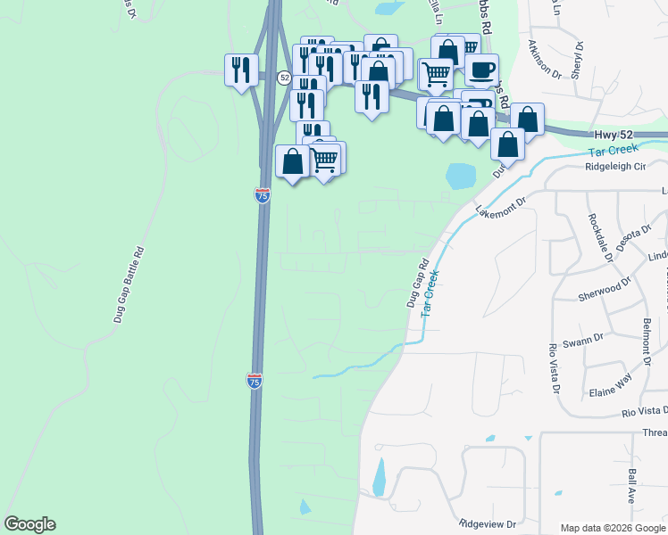 map of restaurants, bars, coffee shops, grocery stores, and more near 1904 Fairfield Dr in Dalton