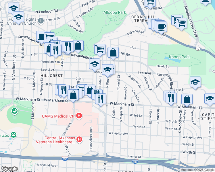 map of restaurants, bars, coffee shops, grocery stores, and more near 3814 Compton Street in Little Rock