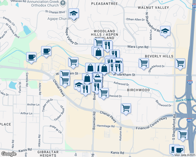 map of restaurants, bars, coffee shops, grocery stores, and more near 122 Alamo Drive in Little Rock