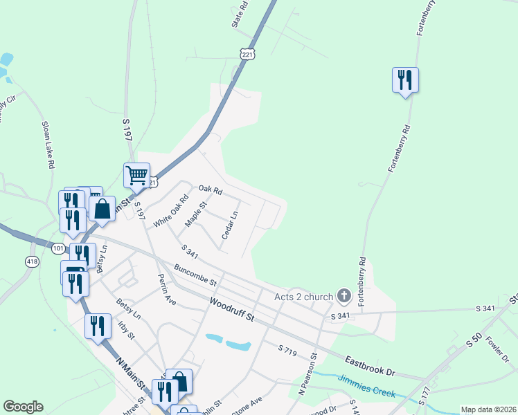 map of restaurants, bars, coffee shops, grocery stores, and more near 408 Bucky Drive in Woodruff
