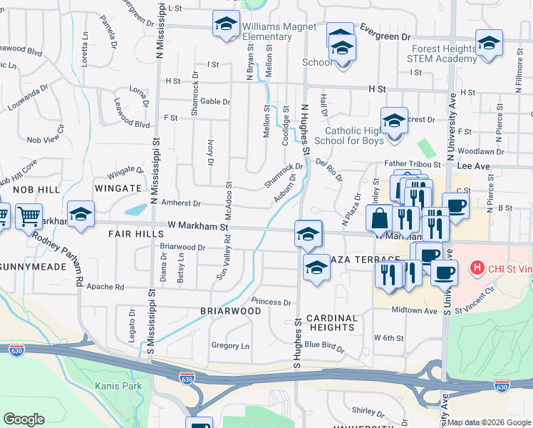 map of restaurants, bars, coffee shops, grocery stores, and more near 6921 Amherst Dr in Little Rock