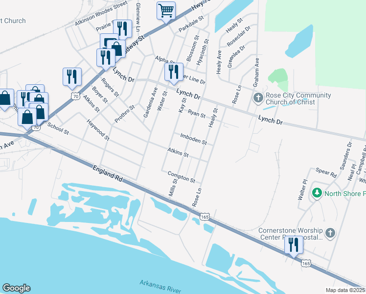 map of restaurants, bars, coffee shops, grocery stores, and more near 307 Mills Street in North Little Rock
