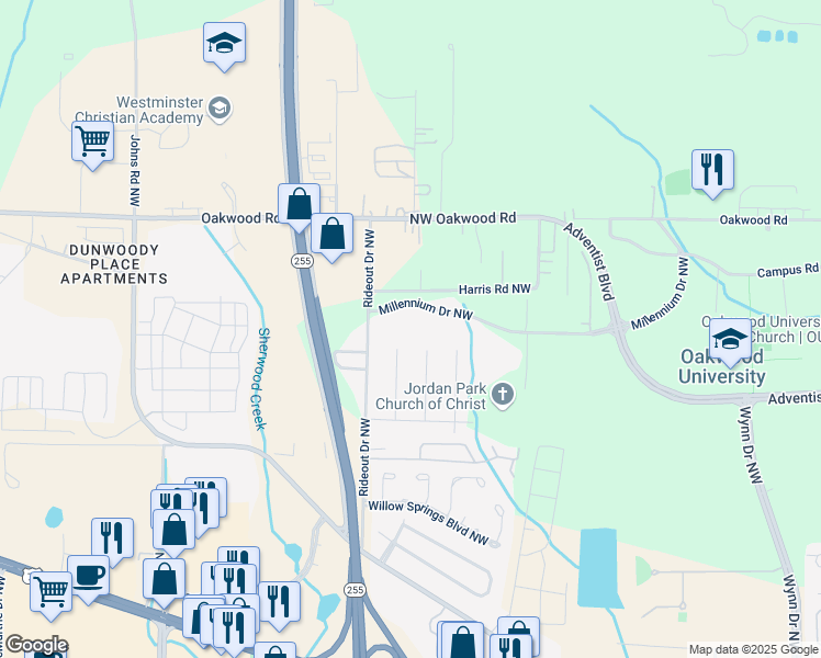map of restaurants, bars, coffee shops, grocery stores, and more near 5401 Millennium Drive Northwest in Huntsville