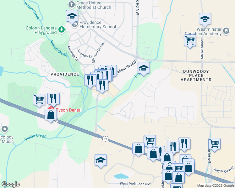 map of restaurants, bars, coffee shops, grocery stores, and more near 14 Arch Street Northwest in Huntsville