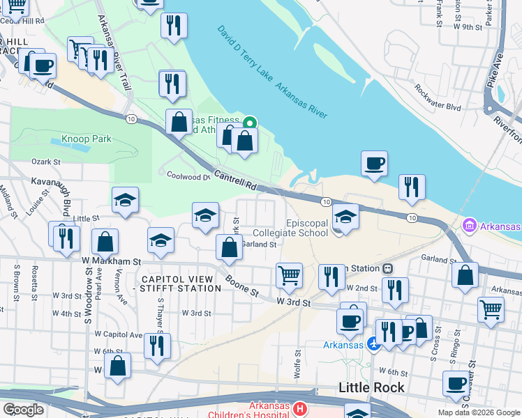 map of restaurants, bars, coffee shops, grocery stores, and more near 325 North Schiller Street in Little Rock