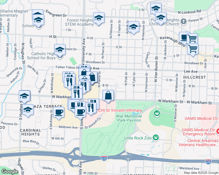 map of restaurants, bars, coffee shops, grocery stores, and more near 217 North Fillmore Street in Little Rock