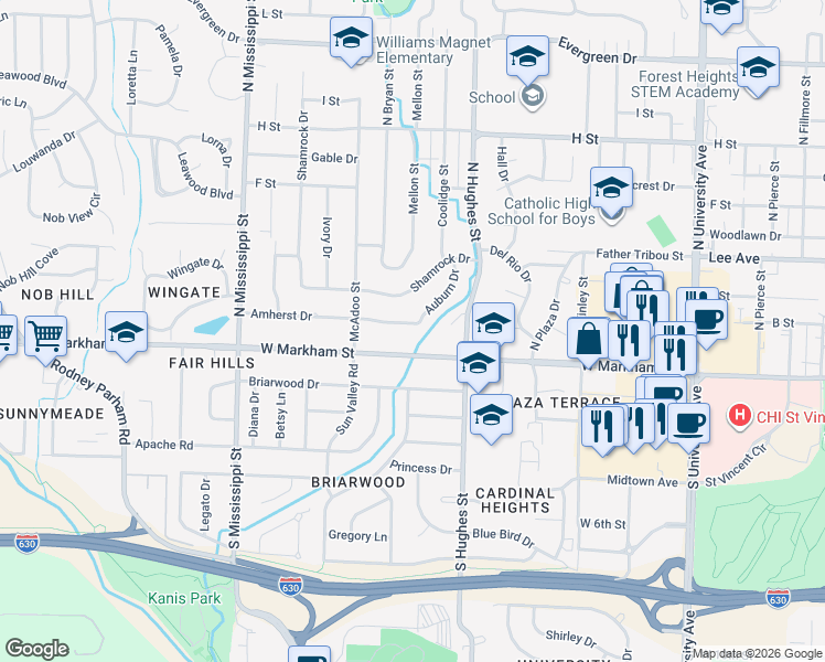 map of restaurants, bars, coffee shops, grocery stores, and more near 6921 Amherst Drive in Little Rock