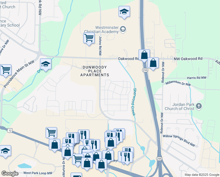 map of restaurants, bars, coffee shops, grocery stores, and more near 1554 Old Monrovia Rd NW in Huntsville