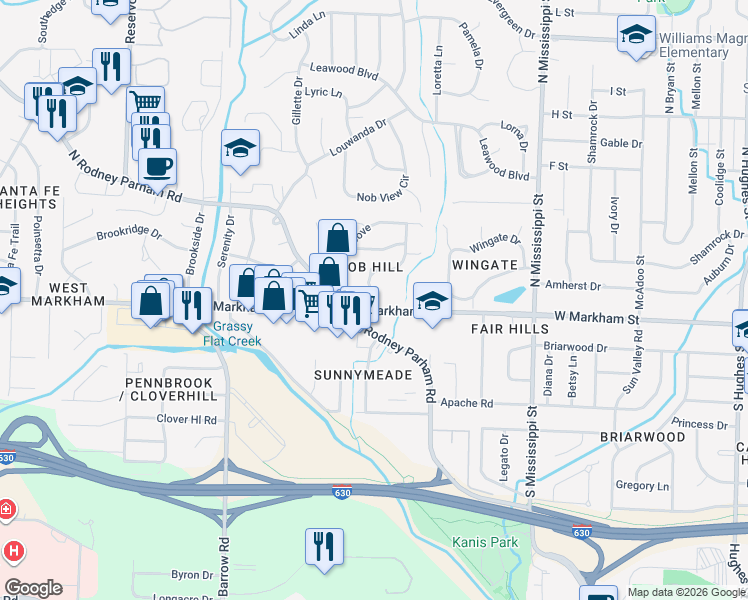 map of restaurants, bars, coffee shops, grocery stores, and more near 2 Markwood Road in Little Rock