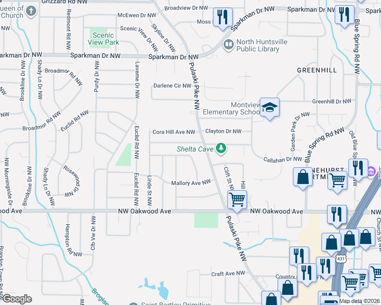 map of restaurants, bars, coffee shops, grocery stores, and more near 2216 Viscount Drive Northwest in Huntsville
