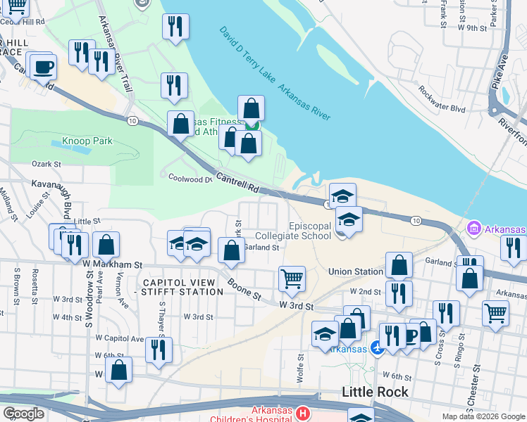 map of restaurants, bars, coffee shops, grocery stores, and more near 325 North Schiller Street in Little Rock