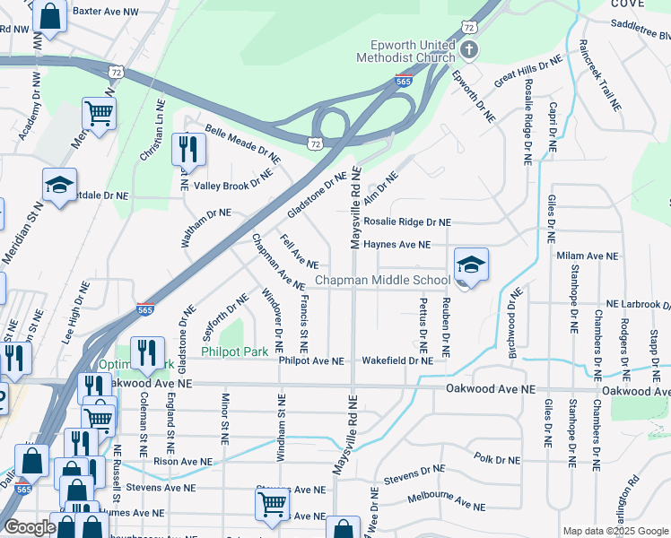 map of restaurants, bars, coffee shops, grocery stores, and more near 2204 Fairfax Street Northeast in Huntsville