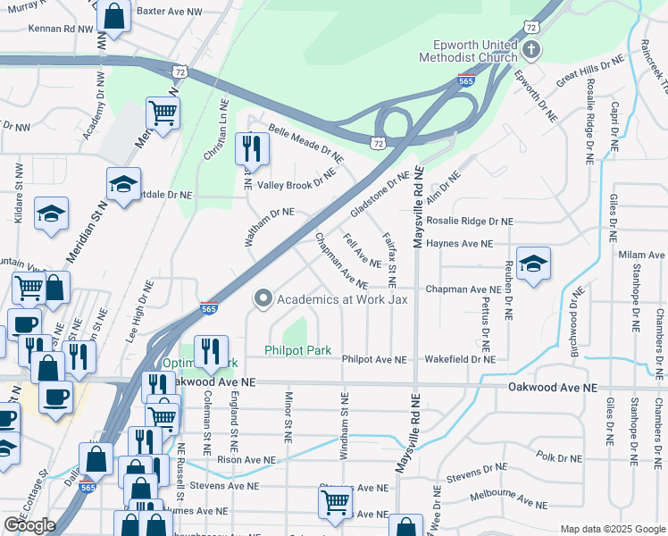 map of restaurants, bars, coffee shops, grocery stores, and more near 1604 Chapman Avenue Northeast in Huntsville