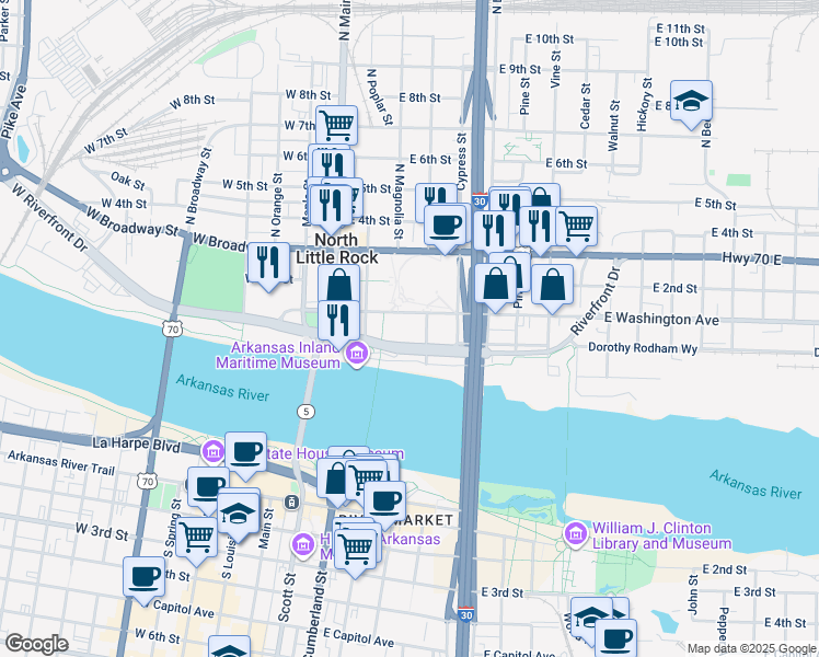 map of restaurants, bars, coffee shops, grocery stores, and more near 75 Riverfront Drive in North Little Rock