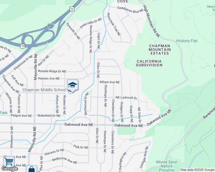map of restaurants, bars, coffee shops, grocery stores, and more near 2110 Stanhope Drive Northeast in Huntsville