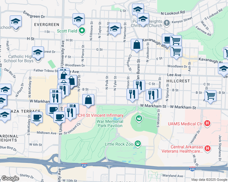 map of restaurants, bars, coffee shops, grocery stores, and more near 5411 B Street in Little Rock