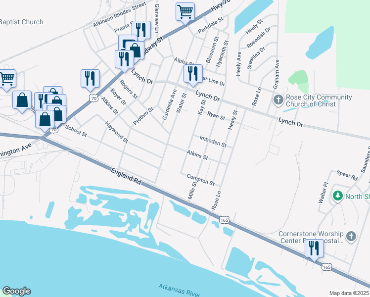 map of restaurants, bars, coffee shops, grocery stores, and more near 5029 Atkins Street in North Little Rock