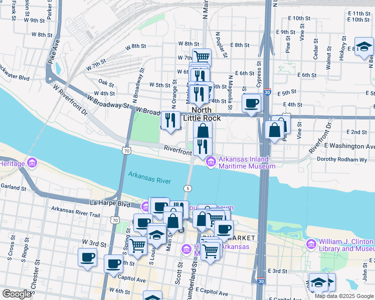 map of restaurants, bars, coffee shops, grocery stores, and more near 3 Main Street in North Little Rock
