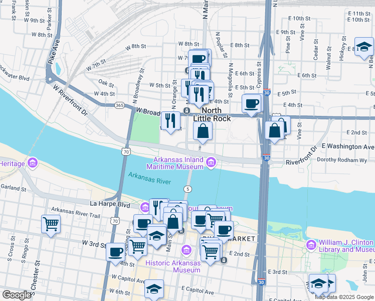 map of restaurants, bars, coffee shops, grocery stores, and more near 3 Main Street in North Little Rock