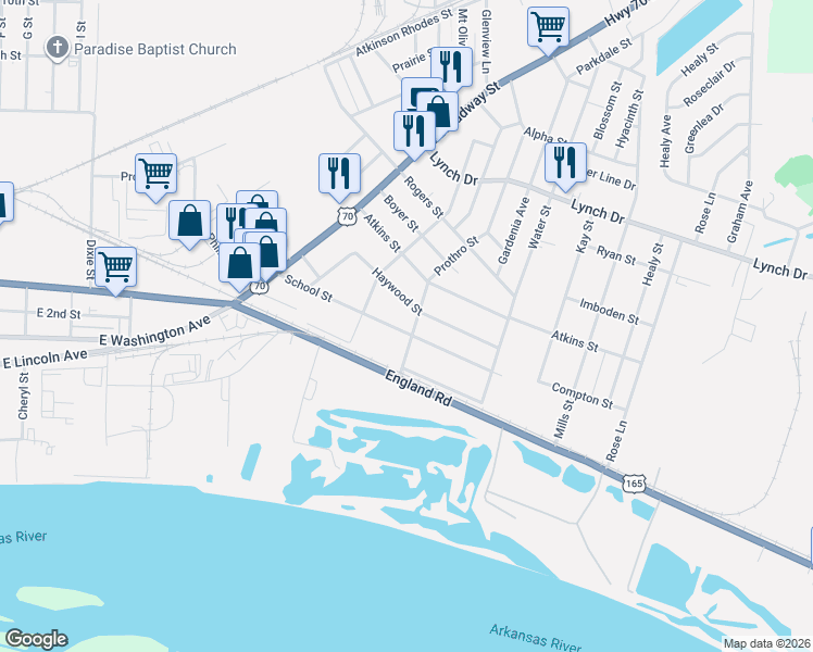 map of restaurants, bars, coffee shops, grocery stores, and more near 4717 School Street in North Little Rock